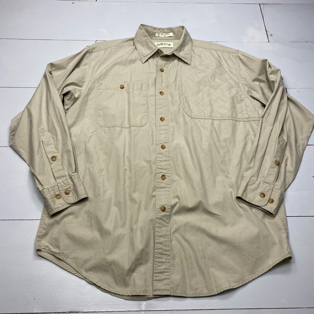 Orvis Shooting Shirt Mens M Tan Khaki Cotton Long Sleeve Quilted Patch Hunting